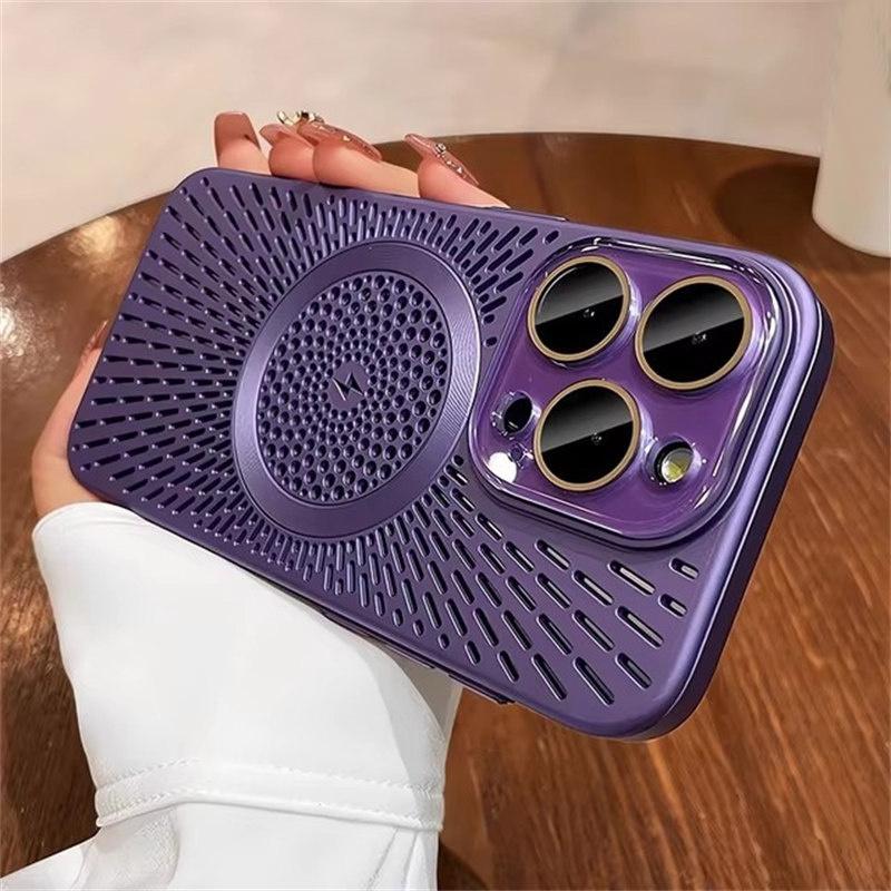 

Роскошный чехол Magsafe для рассеивания тепла для iPhone 12 13 14 15 16 Pro Max Plus с магнитным отверстием и противоударным бампером iPhone 15 Pro фиолетовый