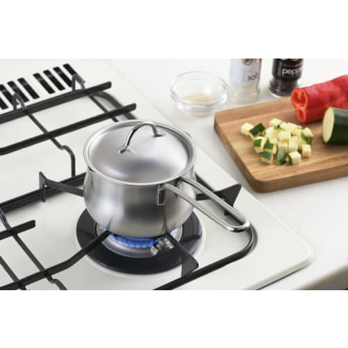 Yoshikawa YJ3674 Stainless Steel Double-Spout Milk Pan for Gas Stoves, 12cm, 830ml Capacity, with Double Spouts and Lid