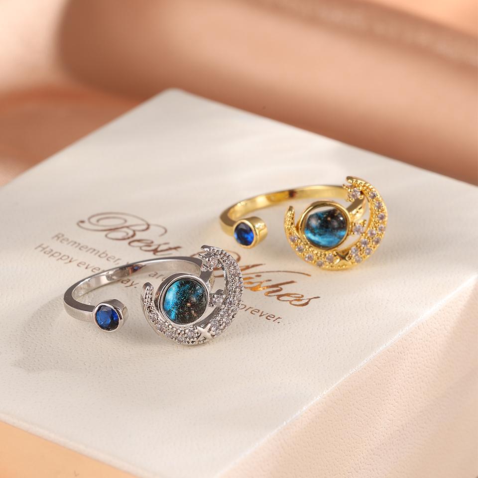 ZAKOL New Blue Planet Series Shiny Zircon Adjustable Open Ring for Women Exquisite Unique Anniversary Birthday Zircon Gift