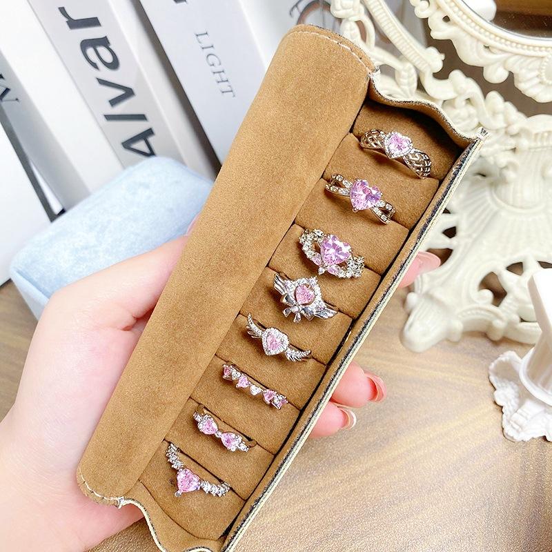 Sweet Full Diamond Pink Love Zir*****Pen Ring Color Treasure Niche Light Luxury High Sense Stacking Wearing Personalized Ring Woman