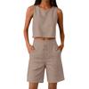 Damen ärmelloses Crop-Top und weite Bermuda-Shorts Set Leinenmischung Lässiges Sommer-Outfit Elastischer Bund Kordelzug Taschen