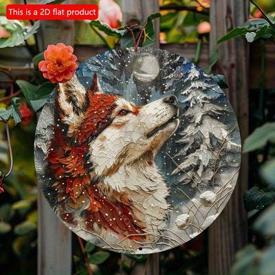 2D Flat 20*20cm1pc Round Wooden Husky Dog In Snowy Winter Scene Hanging Sign, Vibrant Decorative Wall Art Plate for Bedroom, Coffee, Window, Corridor