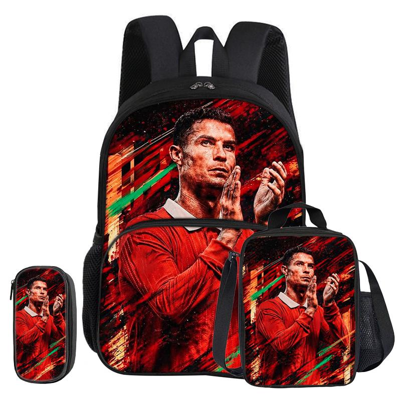 Ronaldo 3 Pcs Set with Front Pocket Backpack Football Sport with Thermal Insulated Lunch Tote Purse CR Football Star Pencil Case