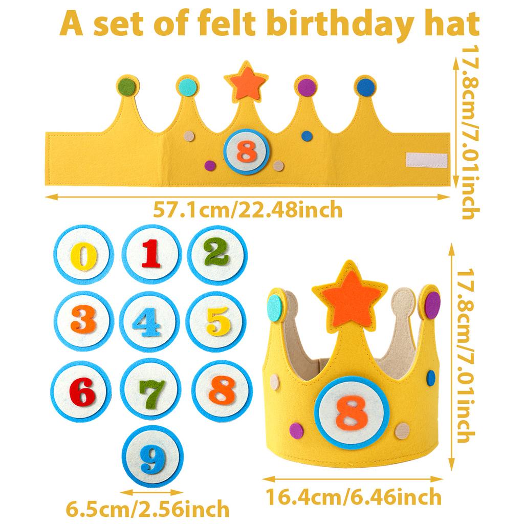 Yellow Felt Crown Birthday Hat Happy 1st-9th Birthday Party Decoration Kids Girl Boy 0-9 Year Old Birthday Party Hat Spplies