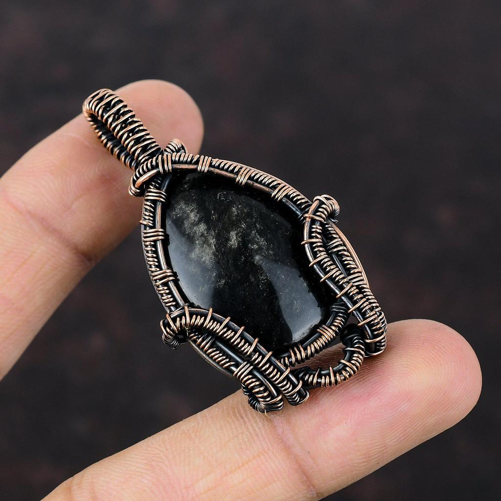 Silver Sheen Obsidian Pendant Copper Wire Wrapped Pendant Unique Pendant Gemstone Copper Jewelry Handmade Pendant Boho Jewelry Gift For Him