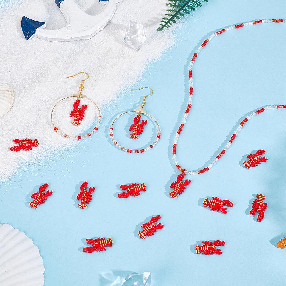 20Pcs Alloy Pendants Baking Paint Lobster Charms Red 21x10.5x4mm Hole: 1.2mm