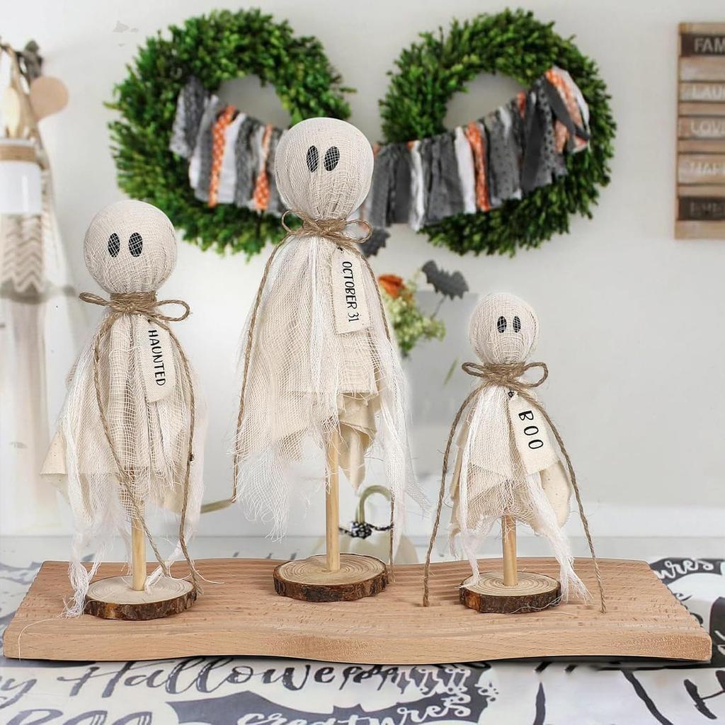Halloween Interior Decorations - Set Of 3 Halloween Ghosts, Wooden Stand, Tabletop Decorations, Horror Halloween Decorations