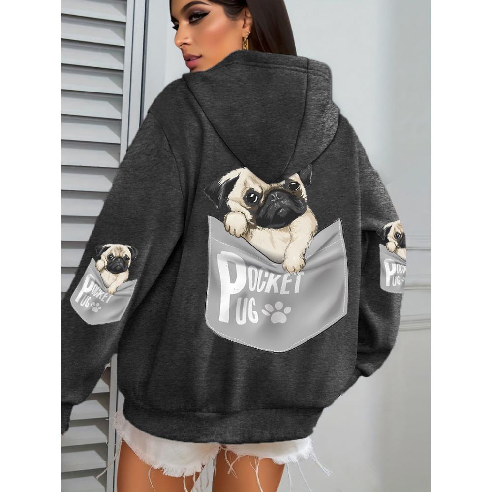 Pocket Pug Hoodies Women Cartoons dog Prints Hooded Loose Pockets Sweatshirts Winter Fleece Warm Tops