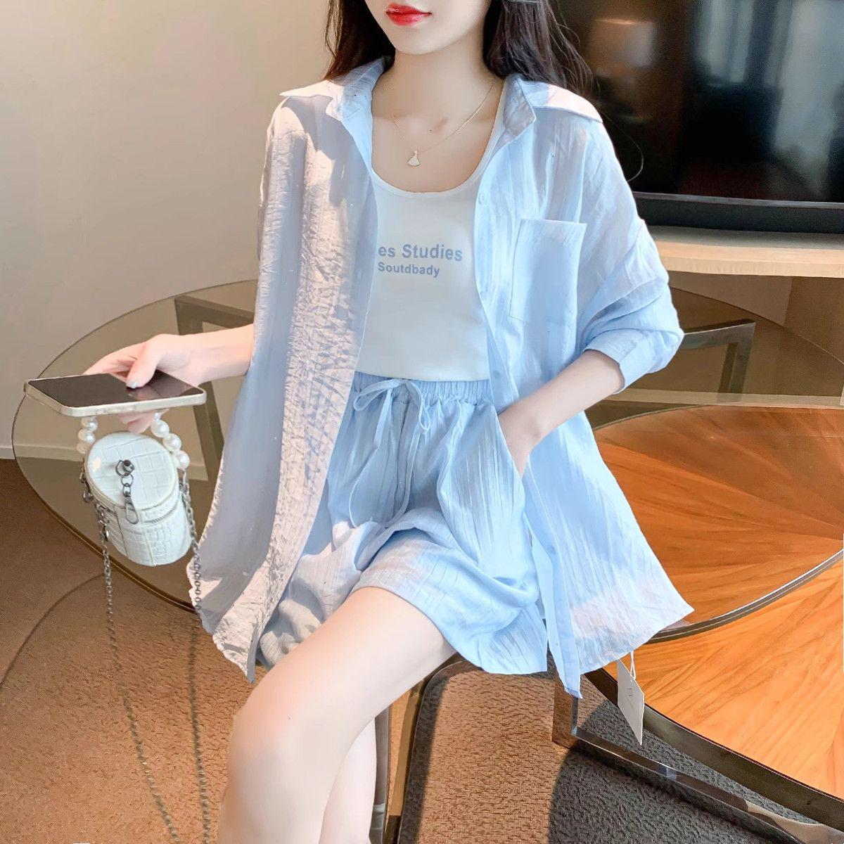 Women s 2025 Summer Outfit Set: Sun Protection Shirt, Camisole & Shorts - 3-Piece Casual Wear Small
