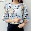 ZANZEA Women Casual Round Neck 3/4 Sleeve Loose Floral Blouse