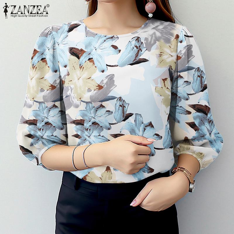 ZANZEA Women Casual Round Neck 3/4 Sleeve Loose Floral Blouse
