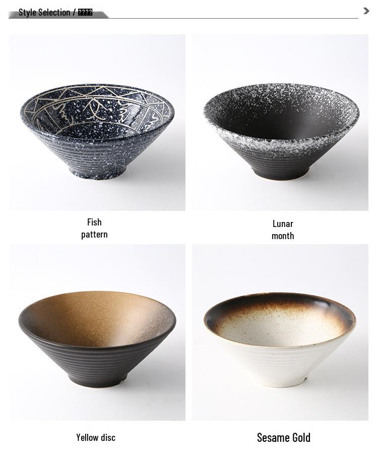 Japanese Ceramic Ramen Bowl Set: Large Retro Conical Hat Design Soup & Noodle Bowl with Plate