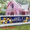 Happy Birthday Fence Banner, Blue Golden & White Balloons Stars Confetti Design, Polyester Outdoor Garden Garage Studio Decoration