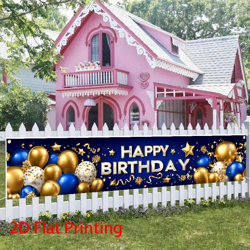 Happy Birthday Fence Banner, Blue Golden & White Balloons Stars Confetti Design, Polyester Outdoor Garden Garage Studio Decoration