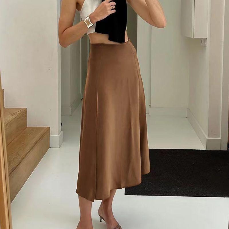 

Fashion Style Sexy Pure Color Silm Skirt High Waist Slit Skirt High Waisted Split Skirt Brown S