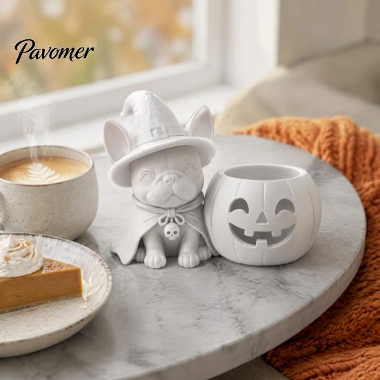 Festive Home Decorations Halloween French Bulldog Witch Statue, 3D Printed Pumpkin Candle Holder, Party Table Decor Cute Dog Figurine Tabletop