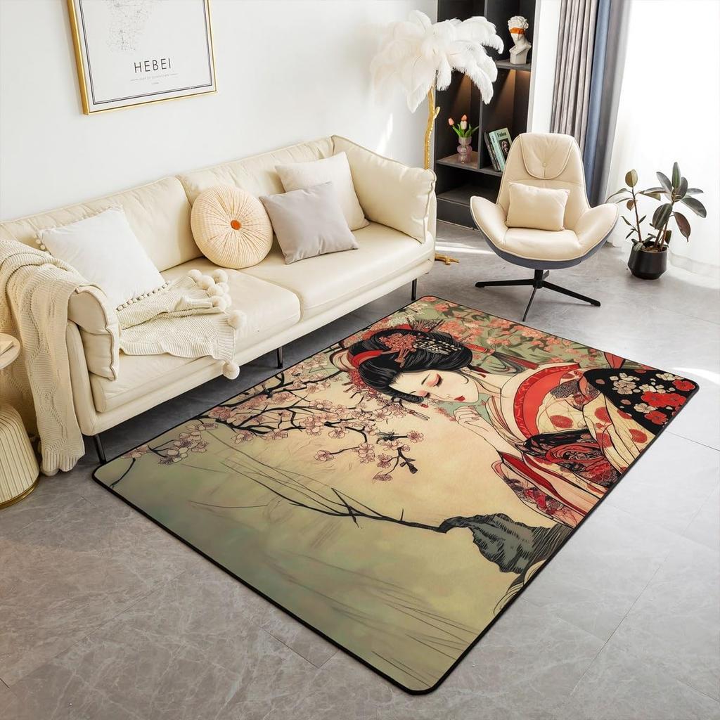 Japanese Ukiyo-e Geisha & Cherry Blossom Print Area Rug, Non-Slip Floor Mat for Living Room Bedroom Home Decor Carpet