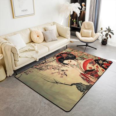 Japanese Ukiyo-e Geisha & Cherry Blossom Print Area Rug, Non-Slip Floor Mat for Living Room Bedroom Home Decor Carpet
