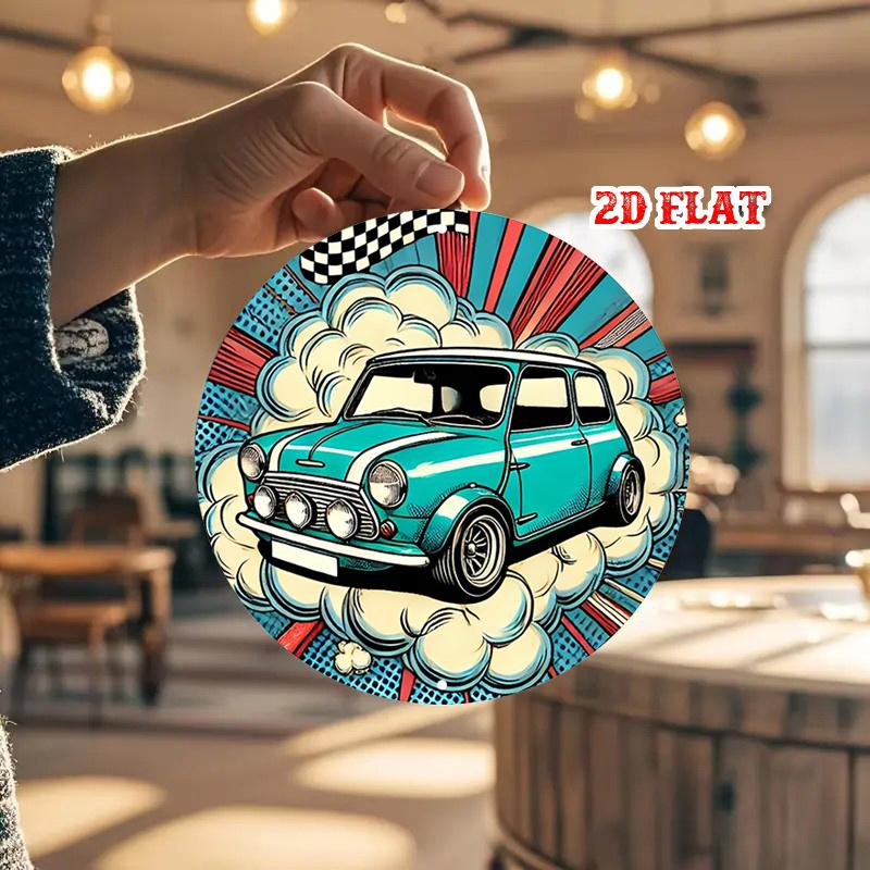 D Flat pc Vintage Car Culture Round Aluminum Sign D Flat Mini Metal Tin Sign with Checkered Flag Design Manga Style