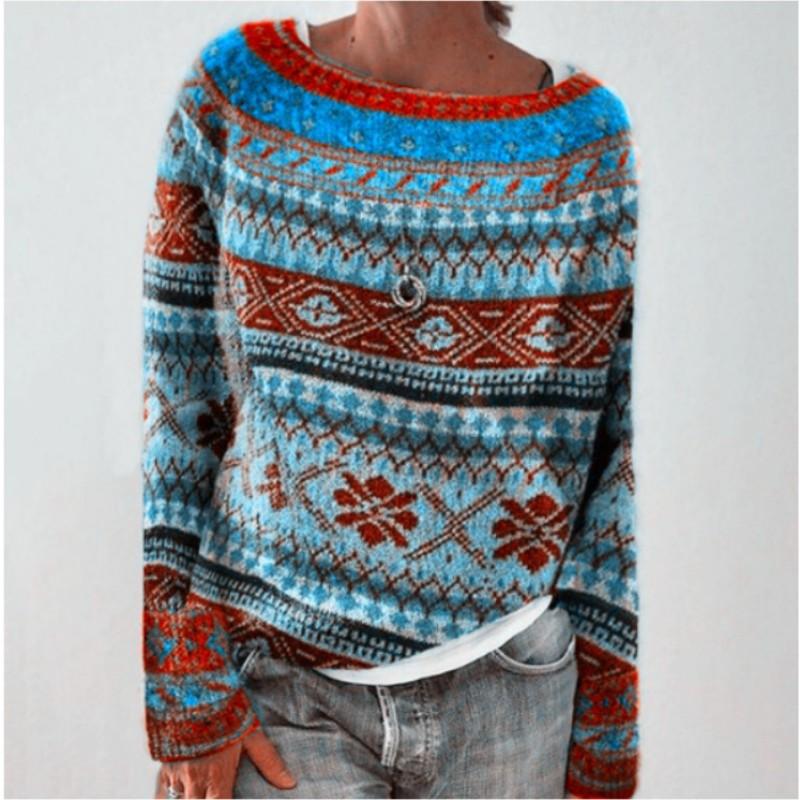 Women's Loose Pullover Knit Sweater Long Sleeve Round Neck Color Blocking Sweater