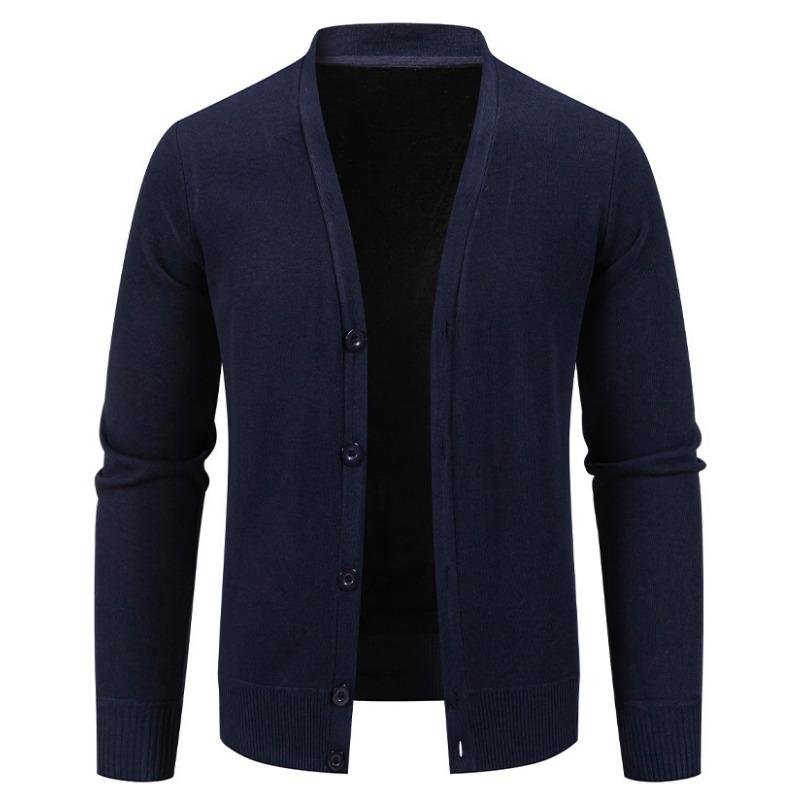 Men S V Neck Long Sleeve Fleece Knit Cardigan Solid Color Casual