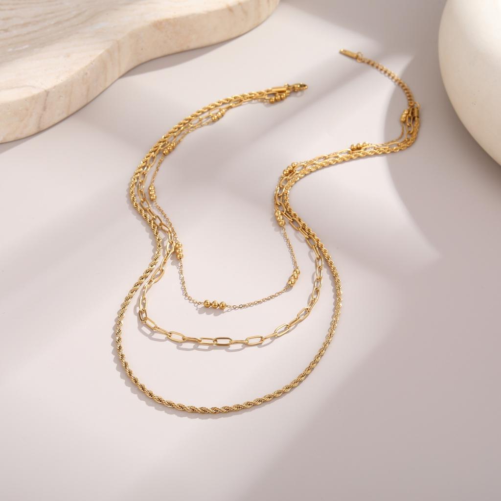 GEMCHIC Women's Stainless Steel 3-Layer Layered Chain Necklace Titanium Steel Paperclip Chain Versatile Choker Wholesale