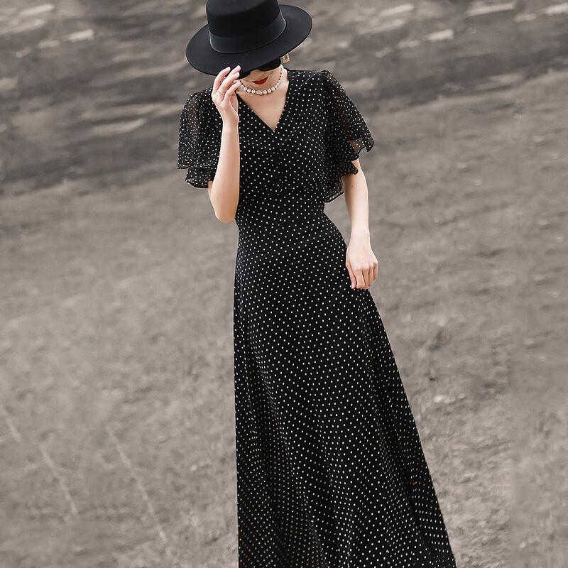 Lanser French Style Polka Dot Flutter Sleeve Midi Dress S