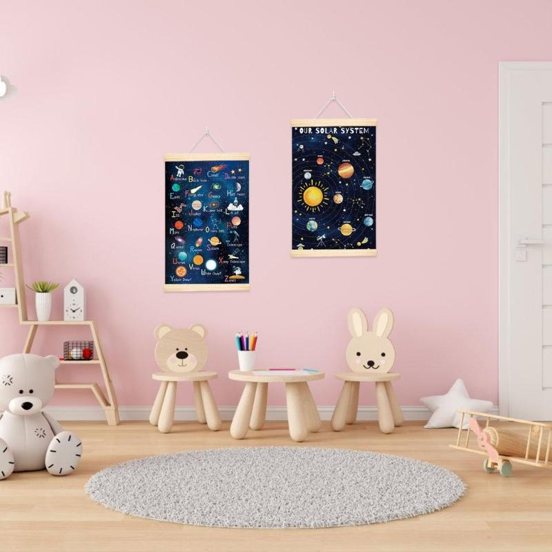 Planet Solar System Wall Art Space Themed Alphabets Poster with Wood Frame for Kids Room Space Decors Educational Poster
