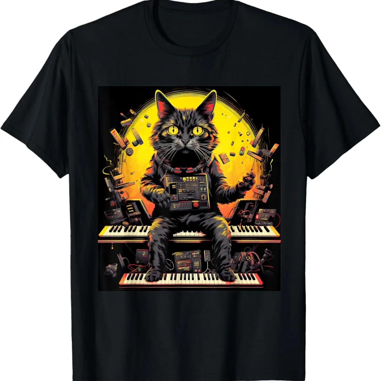 Кошачье пианино Ретро Синтезатор Клавиатура Музыкальный Продюсер Футболка S чёрный