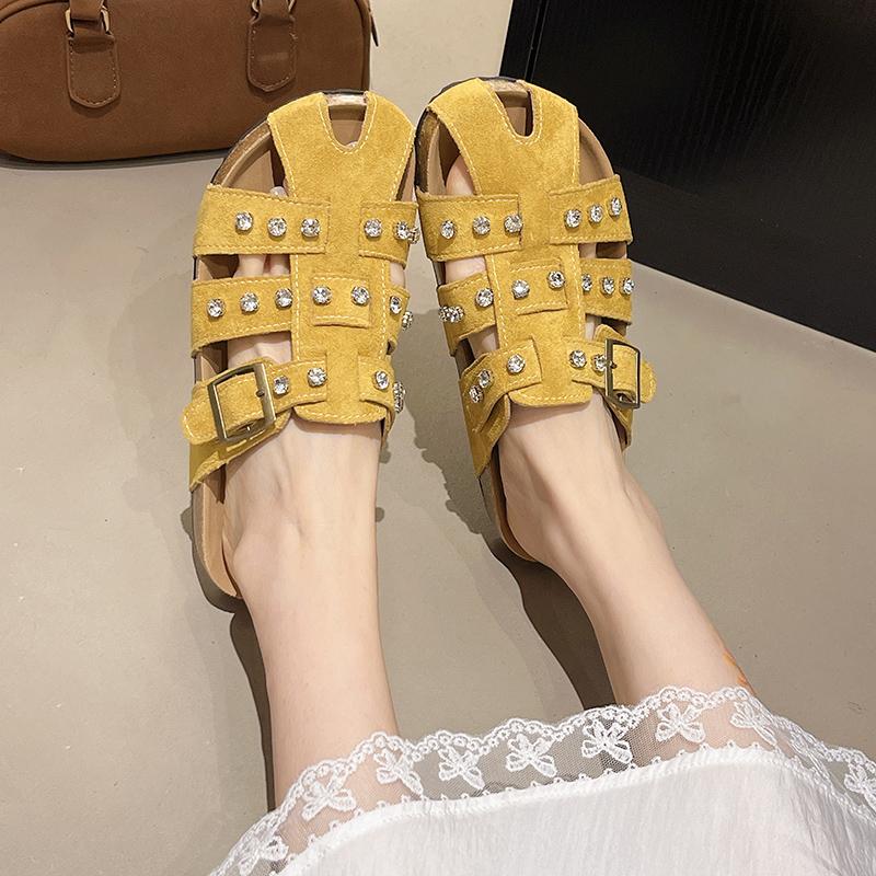 Fashion 2025 High Quality Women's Buckle Slippers Slip-on Open Toe Flat with Non-slip Casual Summer Ladies Beach Slippers Large Size