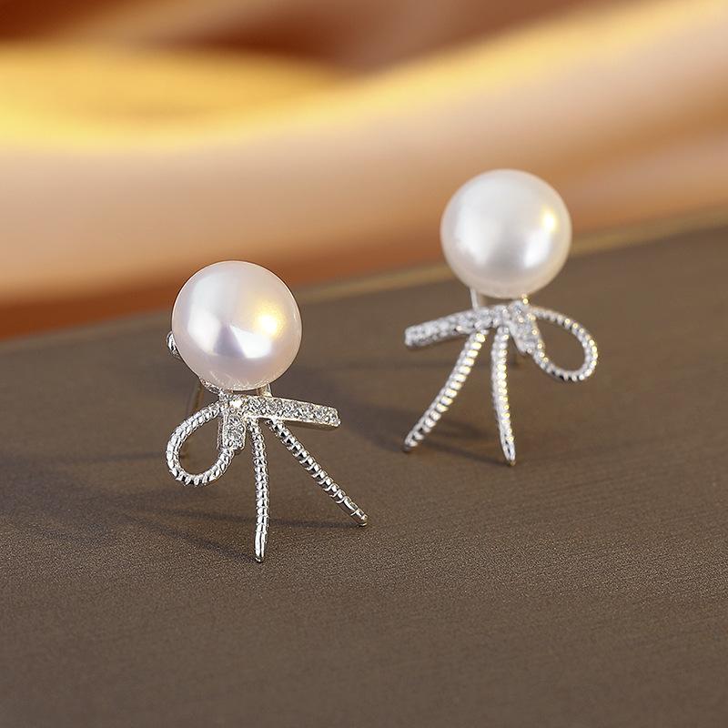 Bow Stud Earrings Temperament Simple Freshwater Earrings Elegant Earrings Women'S High Sense Autumn And Winter