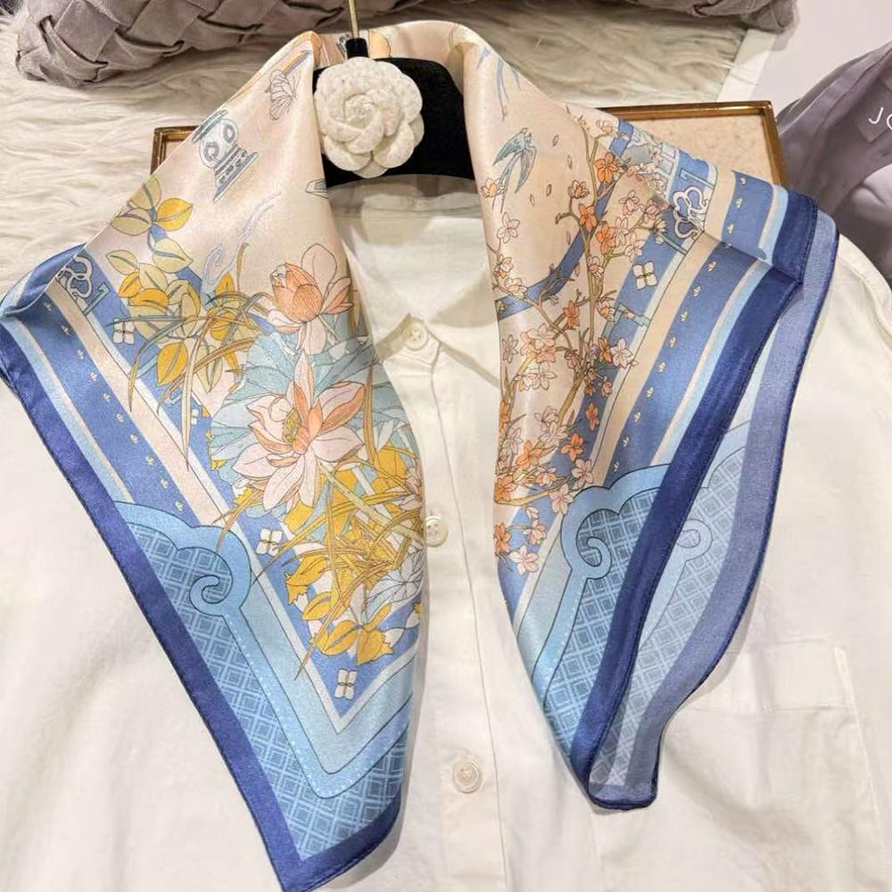 green Women 100% Mulberry Silk Scarf For Hair Headscarf Spring Fall Elegant Floral Small Silk Square Neck Scarves Neckerchief