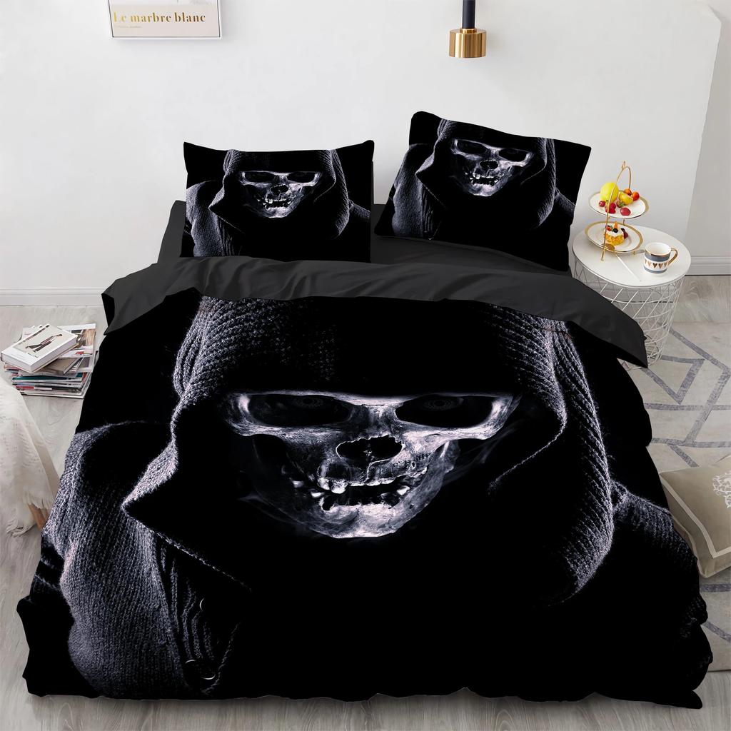 Set Biancheria da Letto Teschio Cappello Nero Misura Queen Set Copripiumino Halloween Stile Moderno Set Biancheria da Letto Camera da Letto Copripiumino Federe