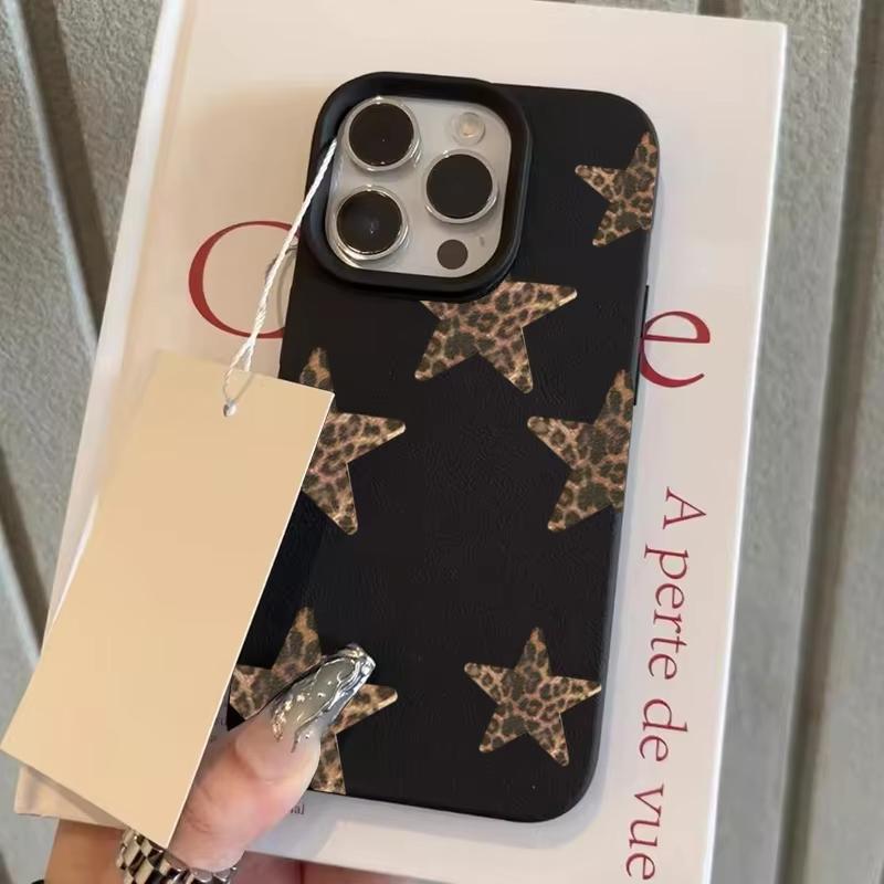 Leopard Print Stars Lychee Texture Phone Case For iPhone 11 12 13 14 15 16 17 Pro Max 17 Air 15 14 Plus X XS XR 16E Soft Cover