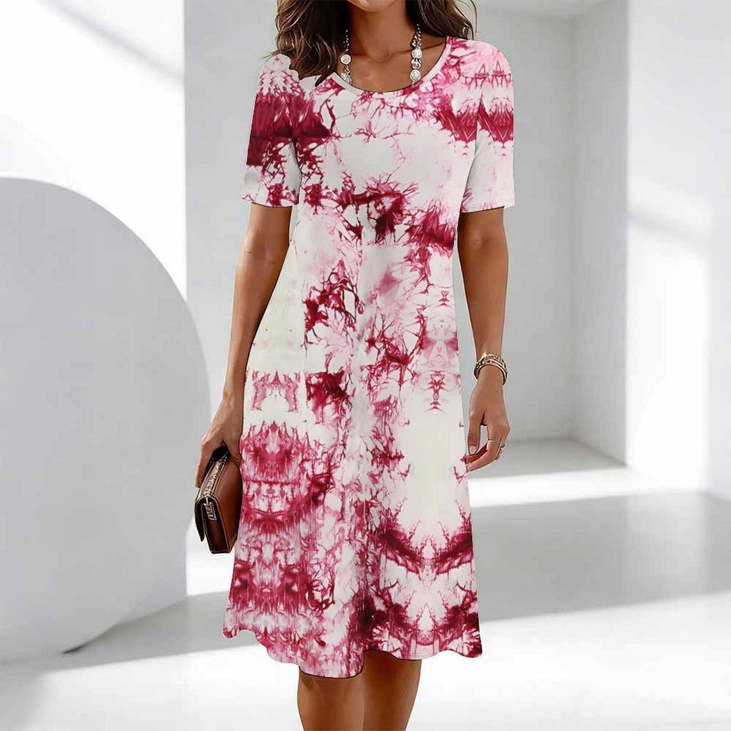Ladies Plus Size Short Sleeve Crew Neck Dress Soft Floral Art Print Loose Gown For Summer Daily Commute