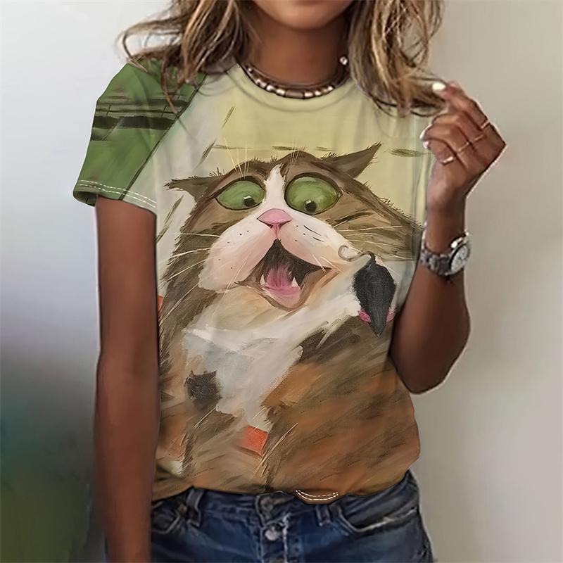 3D Printed Funny Animal T-Shirt For Women Cute Cat Pet Pattern Tees Summer Casual Short Sleeves Oversized T Shirts O-Neck Tops