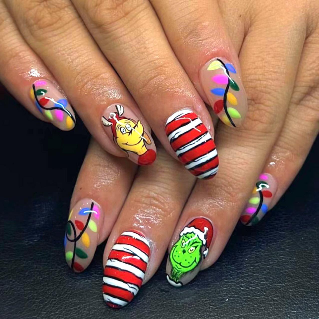 

Festive Red & Green Grinch Cartoon Press-on Nails - 24-Piece Christmas Set