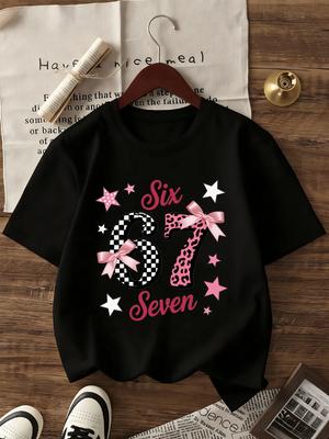 Six Seven Checker Leopard Number Bow Star Graphic Print Short Sleeve Tee Trendy Crew Neck Casual Daily Street Top