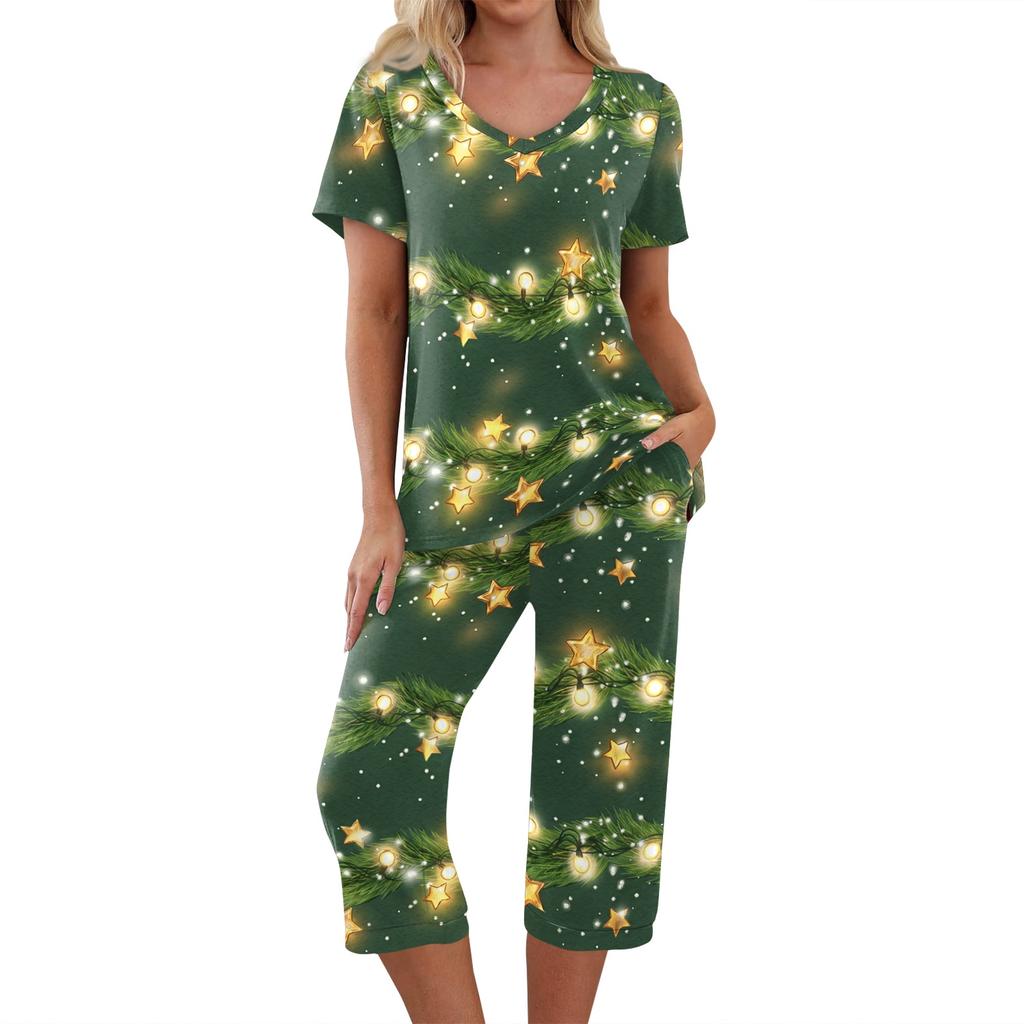 Women's Two-Piece Outfit Set with Christmas Print Short Sleeve Top and Pants