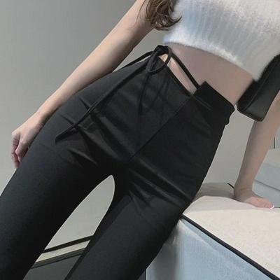 Z Design Women's High Waist Flared Spring Pants - Black Slim Fit Horseshoe Trousers with Straps