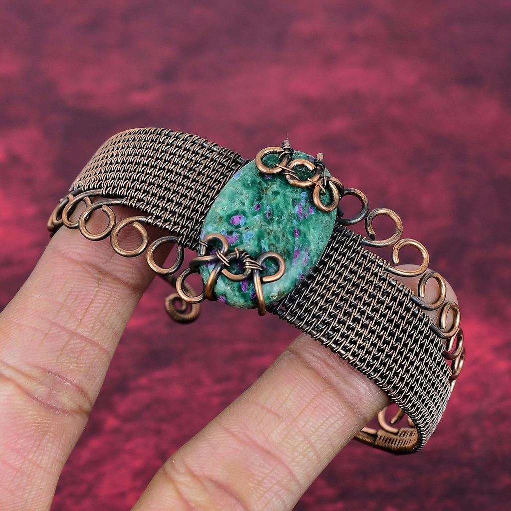 Ruby Fuchsite Bangle Adjustable Cuff Bracelet Copper Wire Wrap Gemstone Jewelry