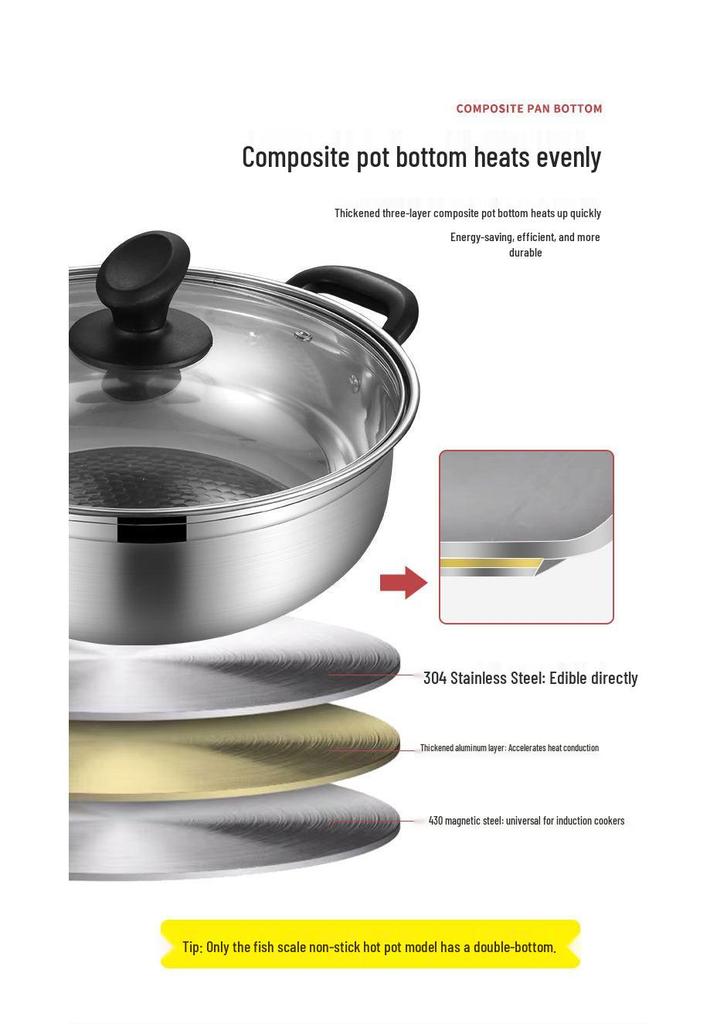 Double Flavor 304 Stainless Steel Hot Pot with Handles - Large Capacity for Clear Soup & Spicy Pot, Induction Cooker Compatible