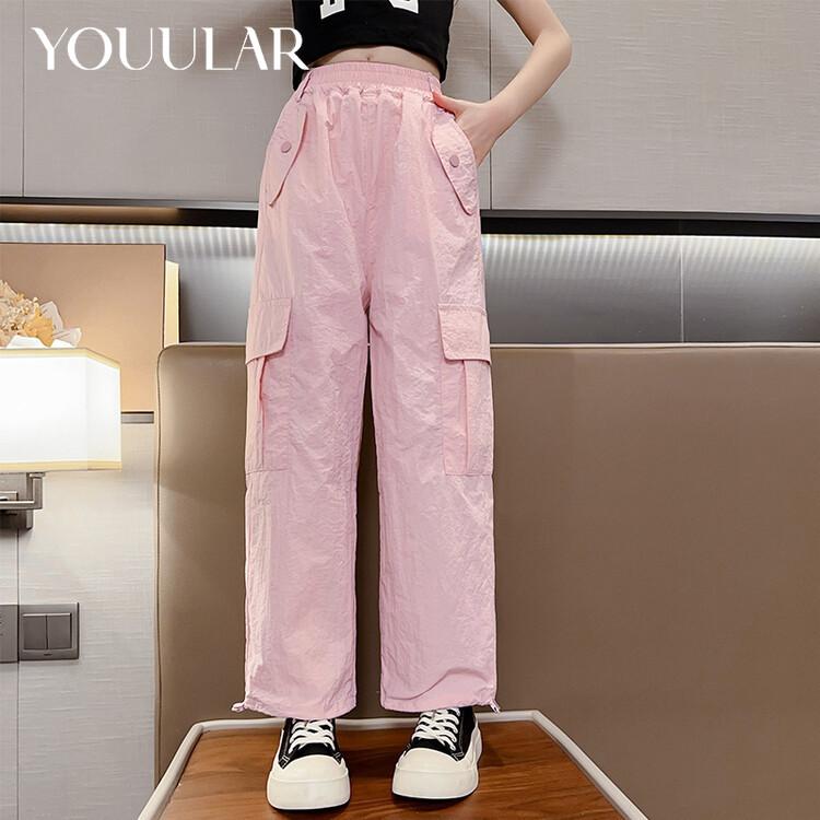 Mädchen Sommer Overalls 2024 Neue Atmungsaktive Kinder Hosen für Mittlere und Große Kinder Lose Sport Hosen Breite Bein Hosen