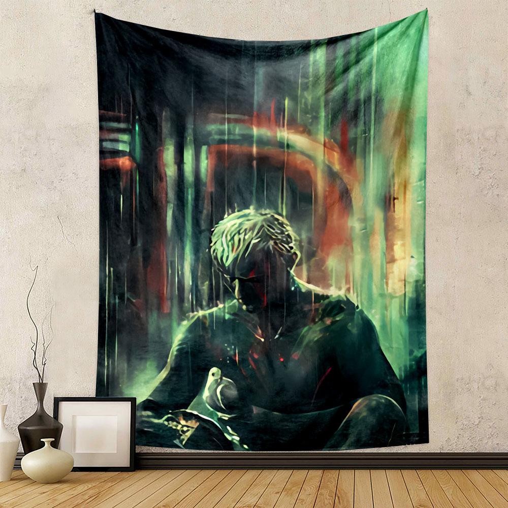 Blade Runner Style Man Tapestry Wall Hanging, White Hair Rain City Digital Art, Futuristic Wall Decor for Bedroom Living Room Dorm
