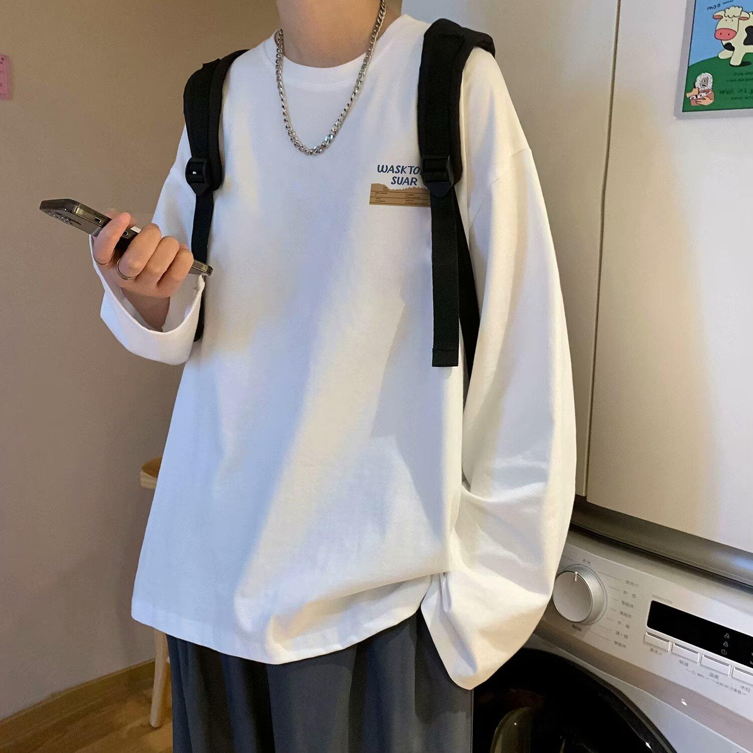 2024 Мужская футболка с длинными рукавами Осенняя майка с длинными рукавами Хлопок Осенний Гонконгский стиль Печать Свободный модный топ M белый