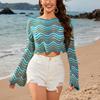 Spring/summer New Women's Pullover Patchwork Short Sleeve Crewneck Striped Knit Bikini Beach Cover-up