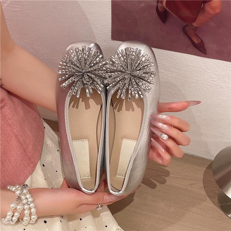 Low Heel Single Shoes Summer New Square Toe Shallow Mouth Rhinestone Flower Soft Sole Non-slip Low-top Shoes