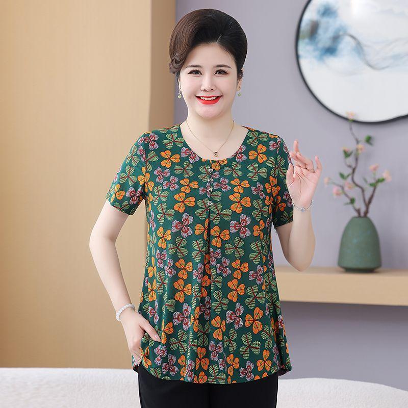 Mom's Short Sleeve Middle-aged and Elderly Summer New Style Plus Size T-shirt Oversized Top Loose Versatile Blouse