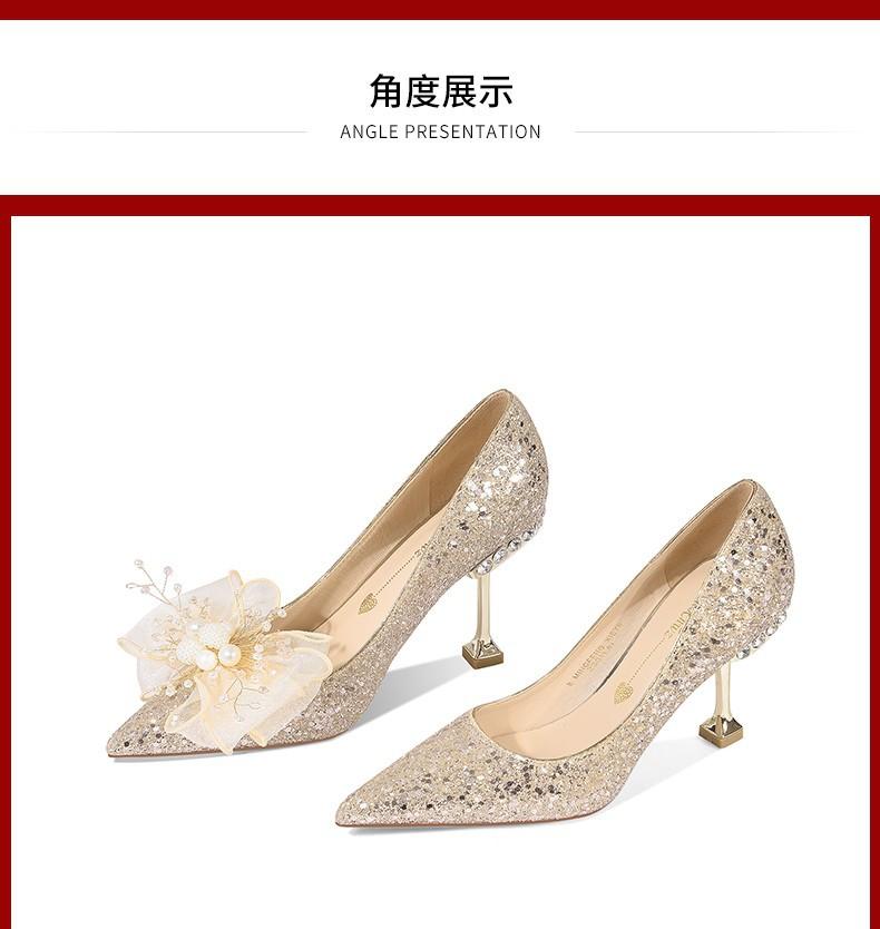 Sexy High Heels Women's Thin Heels Spring and Autumn New Temperament Socialite Bow Pointed Single Shoes Women's Flower Wedding Shoes