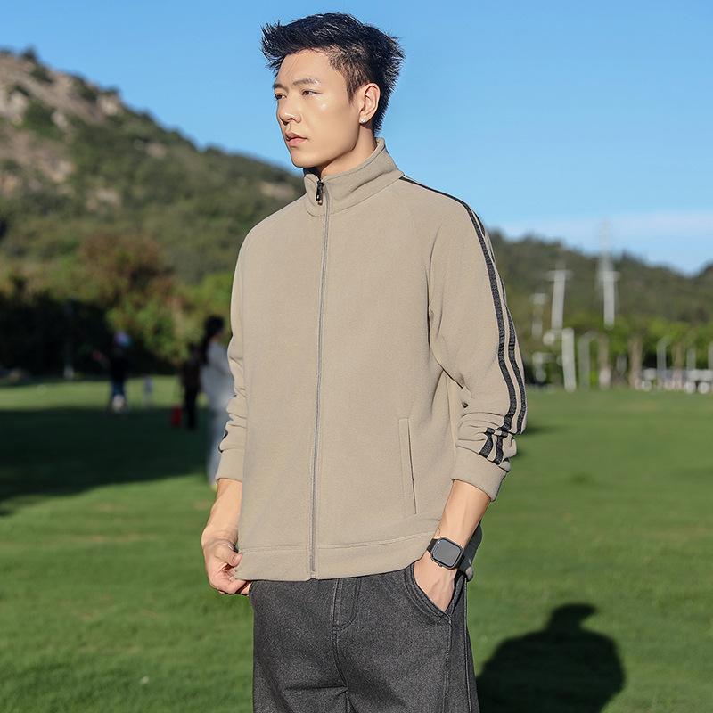 Autumn and Winter Men's Two-bar Fluffy Warm Anti-static Stand-up Collar Fleece Jacket Cardigan